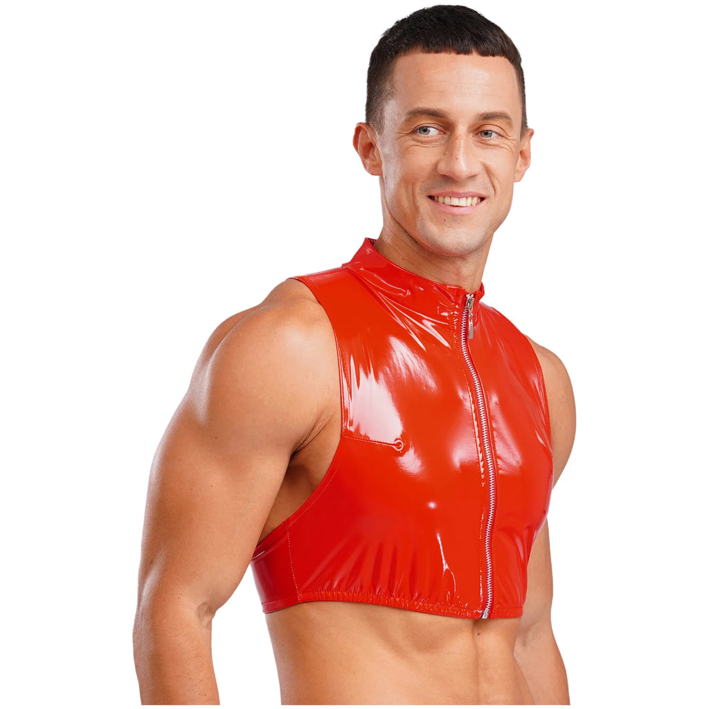 Men Wet Look Patent Leather Crop Tops Vest Sleeveless Zipper Tanks Top Camisole Nightclub Rave Party Dancing Clubwear Streetwear - Cosmic Twink