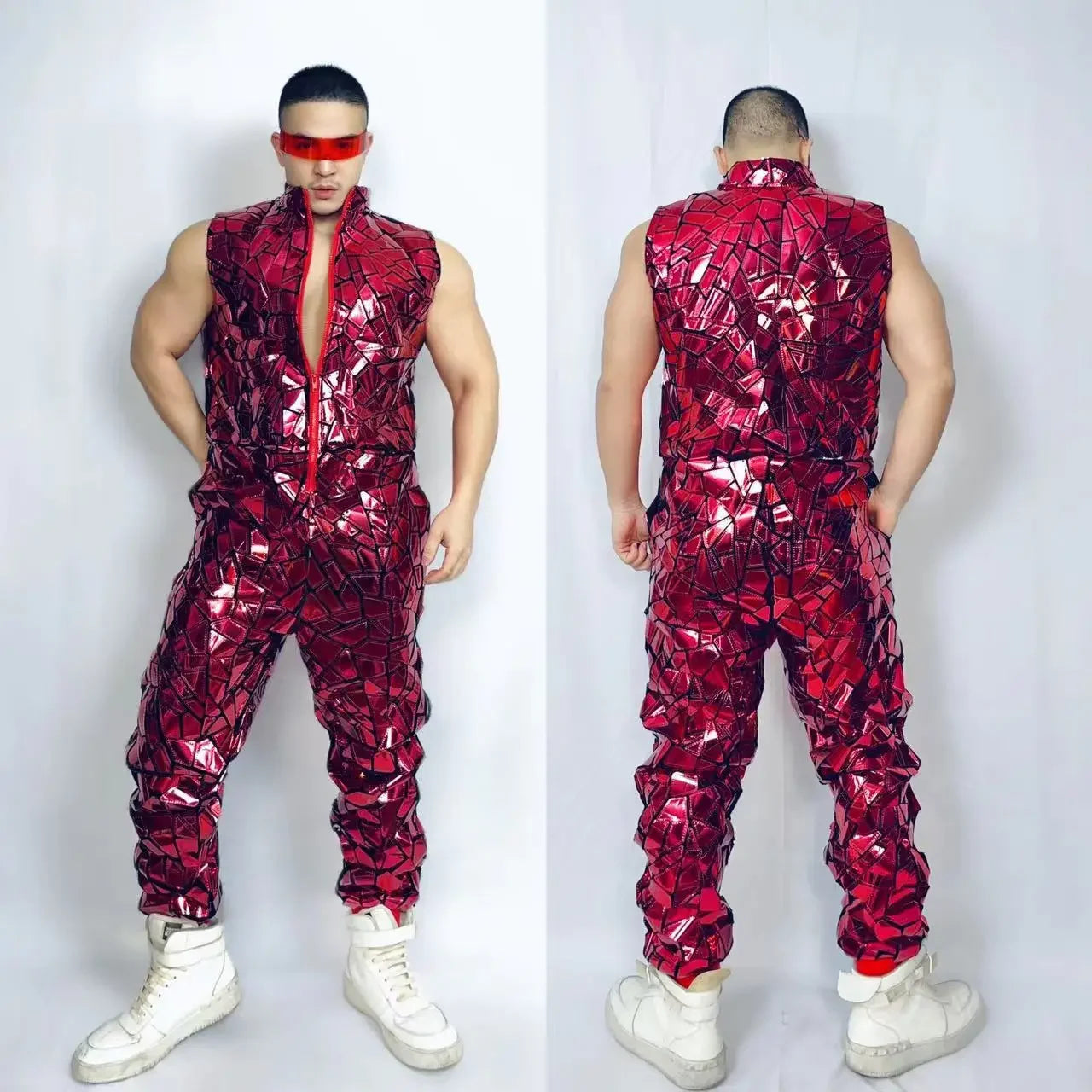 Costume men Dancer Team Street Dance Stage Performance Clothes Laser Mirror Rompers Costume Club Bar Sequins Jumpsuit Hip Hop - Cosmic Twink