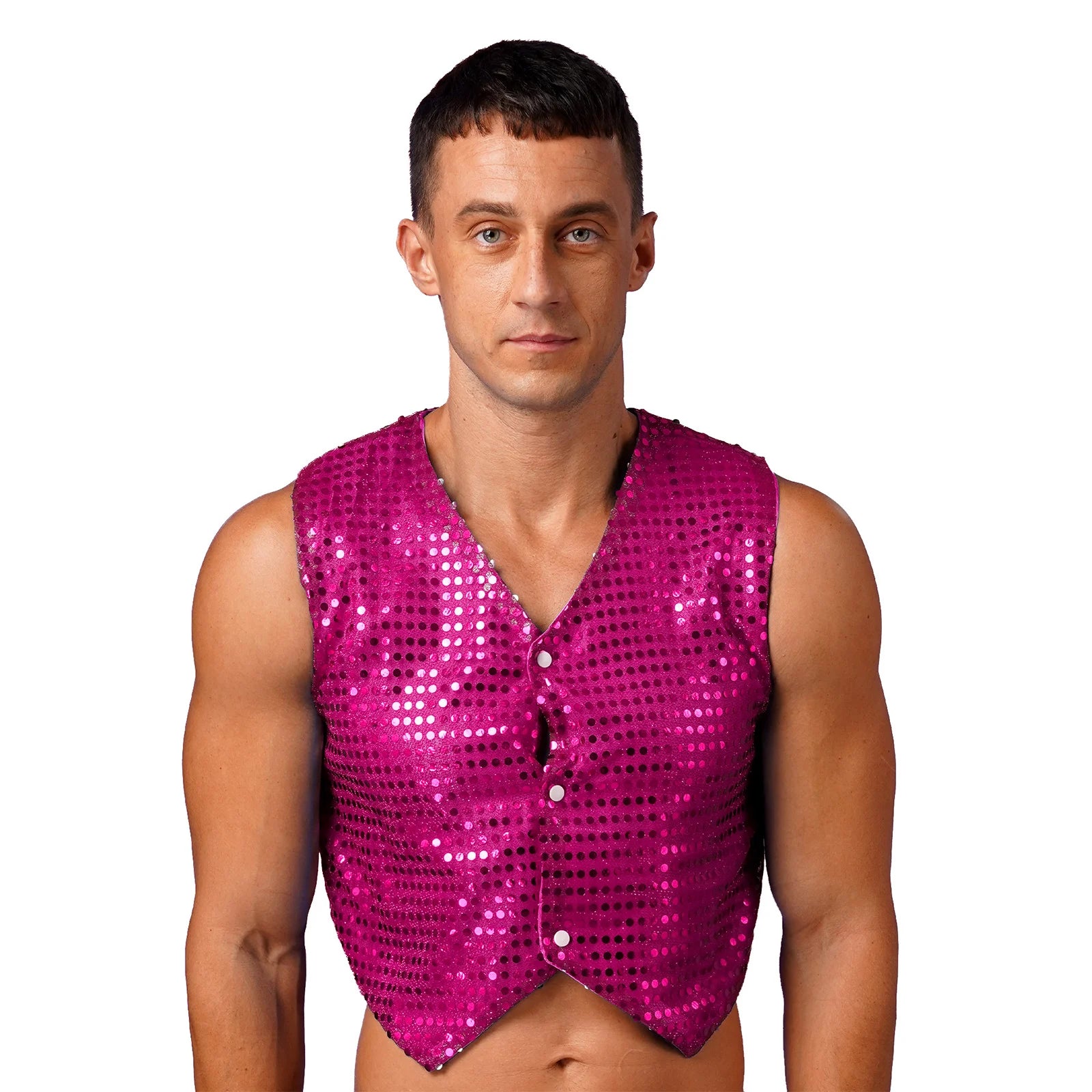 Mens Shiny Sequined Vest Tops V Neck Disco Irregular Hem Waistcoat Hiphop Jazz Dance Festival Rave Outfits Performance Costume - Cosmic Twink