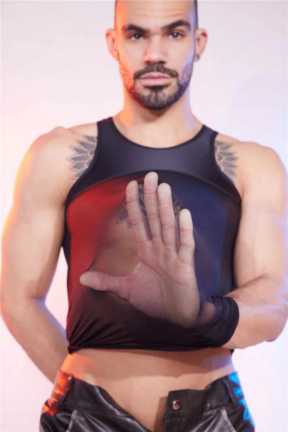 Sexy Men Patchwork Tank Top Oil Glossy Shiny Vest Mesh Sheer See Through Thong Maid Tights Elastic Shaper Top T-shirt - Cosmic Twink