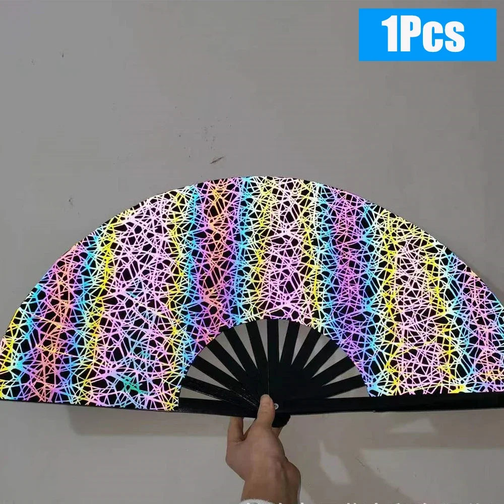 1-3Pcs Large Chinese Rave Folding Hand Fan Rainbow Fan Wedding Dance Kung Fu Fan for Art Craft Gift Festival Party Home Decor - Cosmic Twink