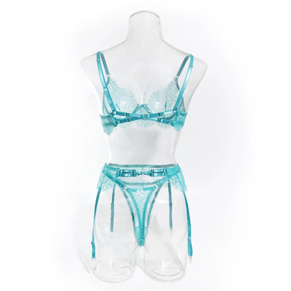 Krasapt Delicate Blue Lace Lingerie 4 Pcs Sets Fancy Mesh Patchwork Transparent Bras And Thongs Garter Suits Erotic Intimate Set - Cosmic Twink