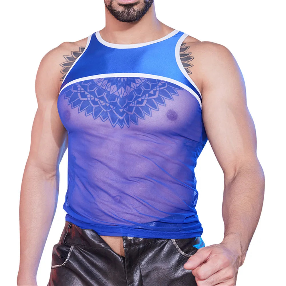 Sexy Men Patchwork Tank Top Oil Glossy Shiny Vest Mesh Sheer See Through Thong Maid Tights Elastic Shaper Top T-shirt - Cosmic Twink