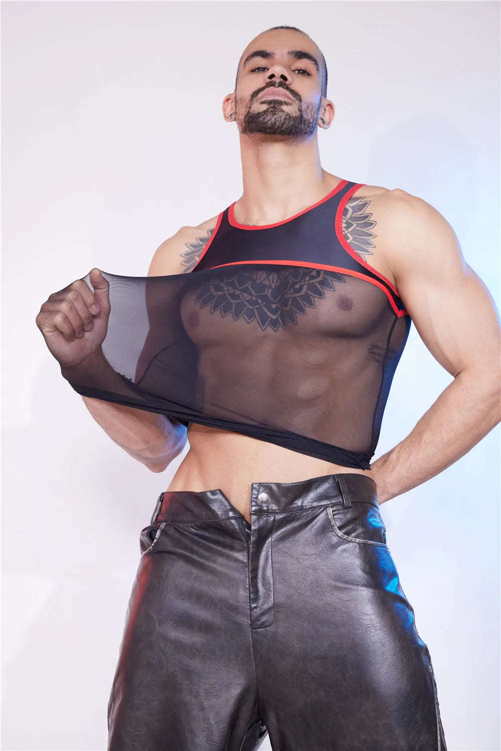 Sexy Men Patchwork Tank Top Oil Glossy Shiny Vest Mesh Sheer See Through Thong Maid Tights Elastic Shaper Top T-shirt - Cosmic Twink