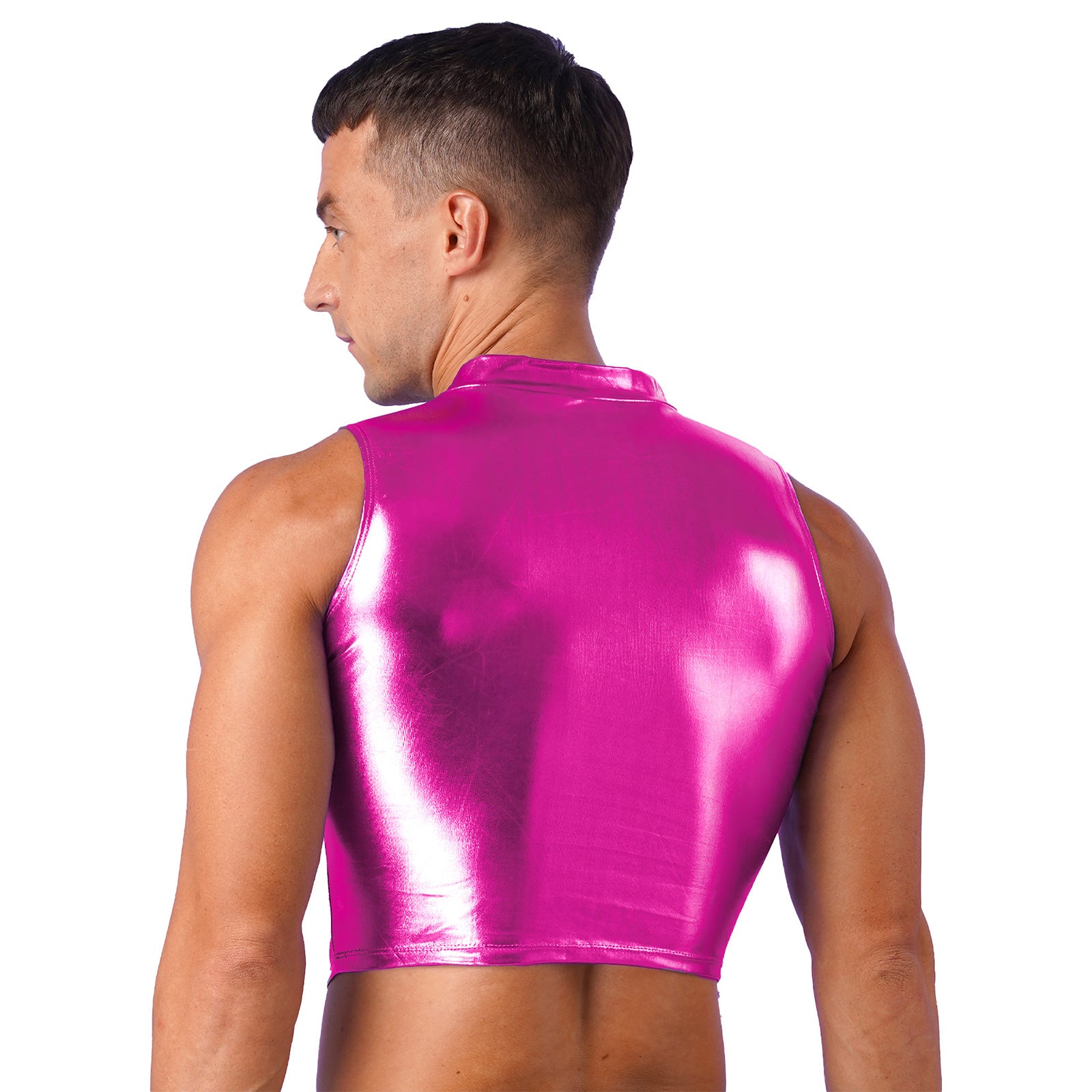 Men's Clothing Wet Look Faux Leather Vest Pole Dance Costume Metallic Mock Neck Crop Tank Top Gothic Punk Rave Party Clubwear - Cosmic Twink