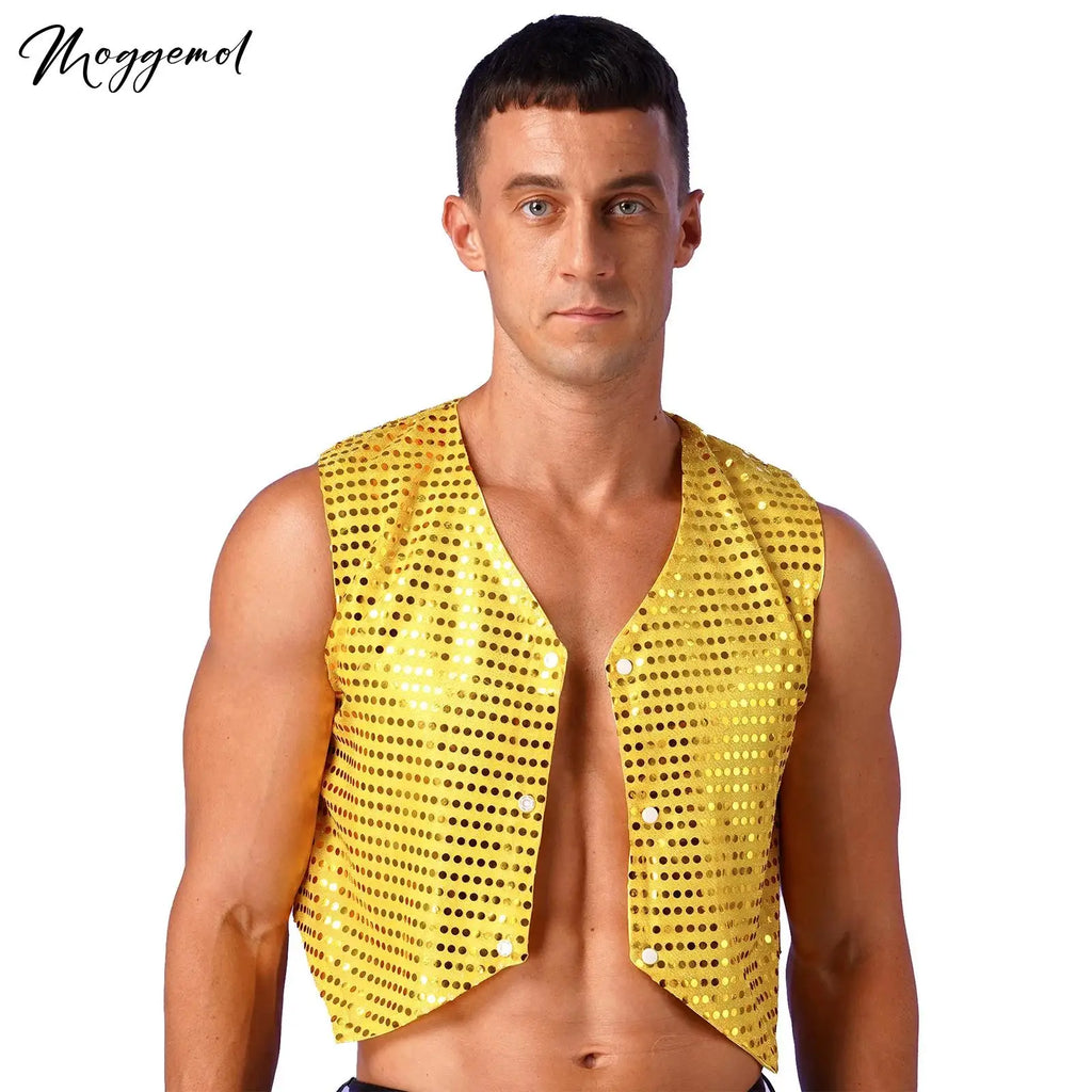 Mens Shiny Sequined Vest Tops V Neck Disco Irregular Hem Waistcoat Hiphop Jazz Dance Festival Rave Outfits Performance Costume - Cosmic Twink