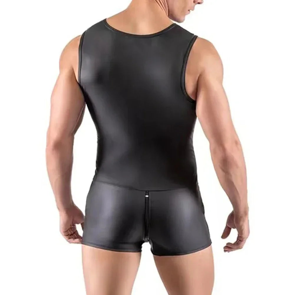 Men Sexy Wet Look Patent Leather Sleeveless Bodysuit Zip Jumpsuit Clubwear Costume Nightclub Gay Man Underwear