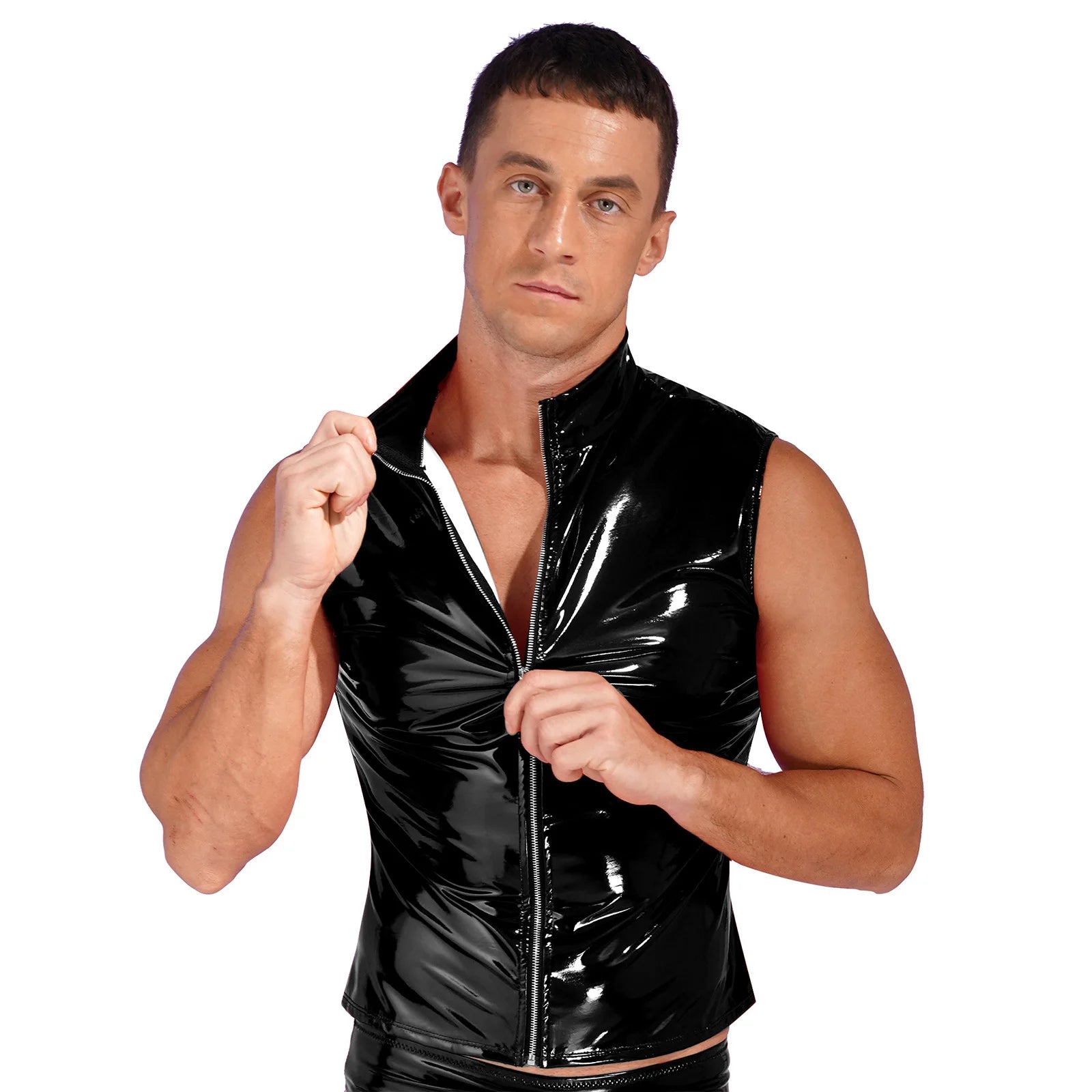 Men Wet Look Patent Leather Jacket Vest Tops Sleeveless Stand Collar Zipper Punk Tank Top Nightclub Festival Rave Party Clubwear - Cosmic Twink