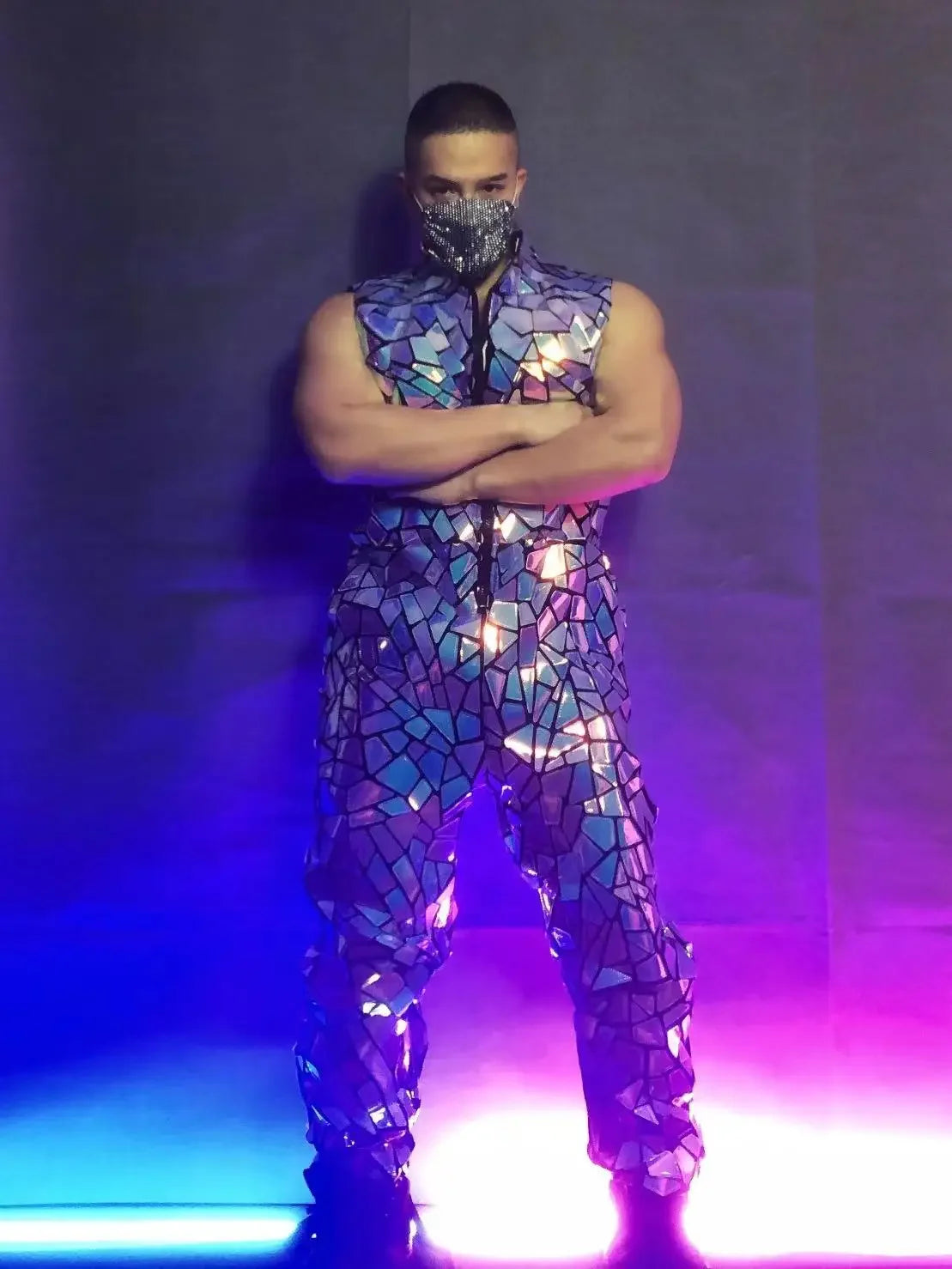 Costume men Dancer Team Street Dance Stage Performance Clothes Laser Mirror Rompers Costume Club Bar Sequins Jumpsuit Hip Hop - Cosmic Twink