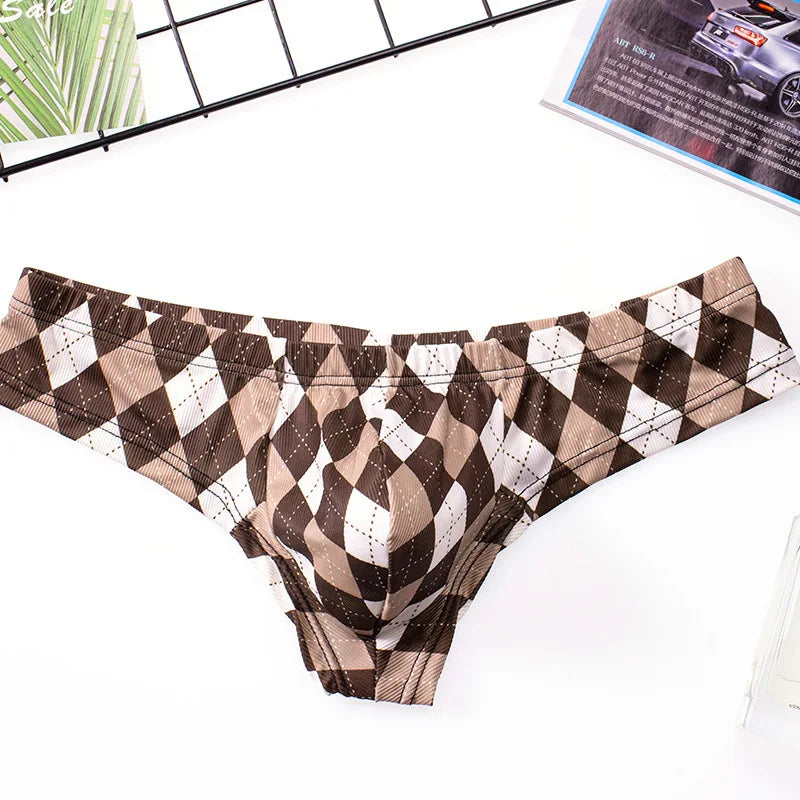 Underwear Men Plaid Printing Ice Silk Threaded Panties Low-Waist Panties Sexy Breathable U Convex Pouch Lingerie Underpants - Cosmic Twink