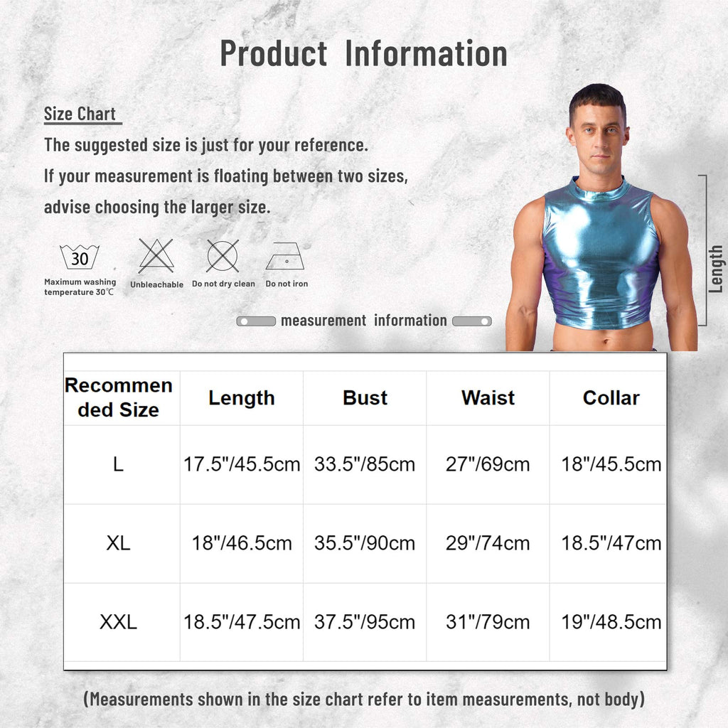 Men's Clothing Wet Look Faux Leather Vest Pole Dance Costume Metallic Mock Neck Crop Tank Top Gothic Punk Rave Party Clubwear - Cosmic Twink
