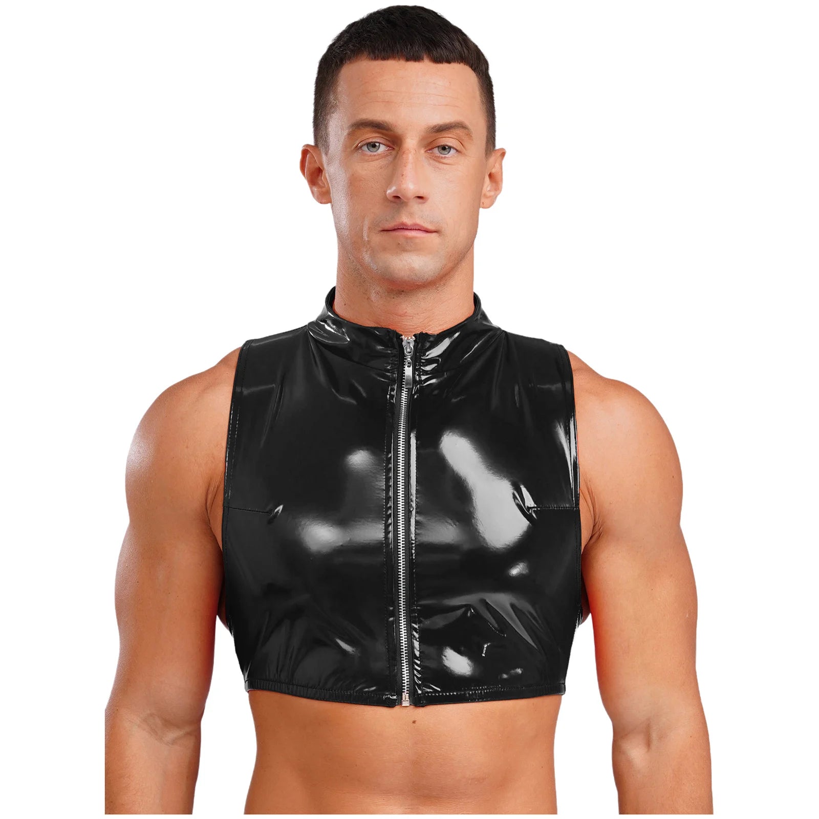 Men Wet Look Patent Leather Crop Tops Vest Sleeveless Zipper Tanks Top Camisole Nightclub Rave Party Dancing Clubwear Streetwear - Cosmic Twink