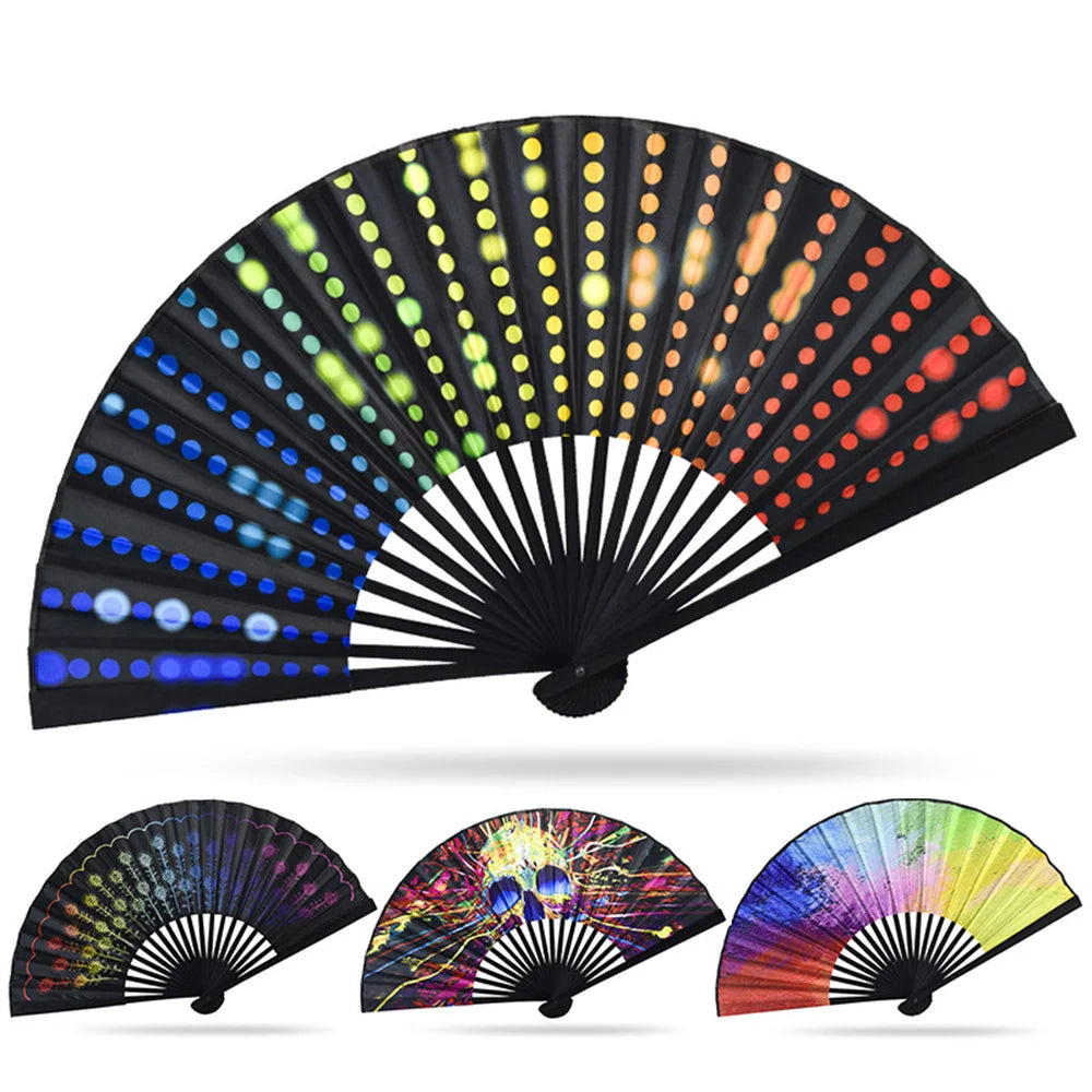 2024 Bamboo Bone Folding Fan Colorful Rave Fans Vibrant Bamboo Hand Fans for Festival Dancing Parties Decorative Gifts for Men - Cosmic Twink