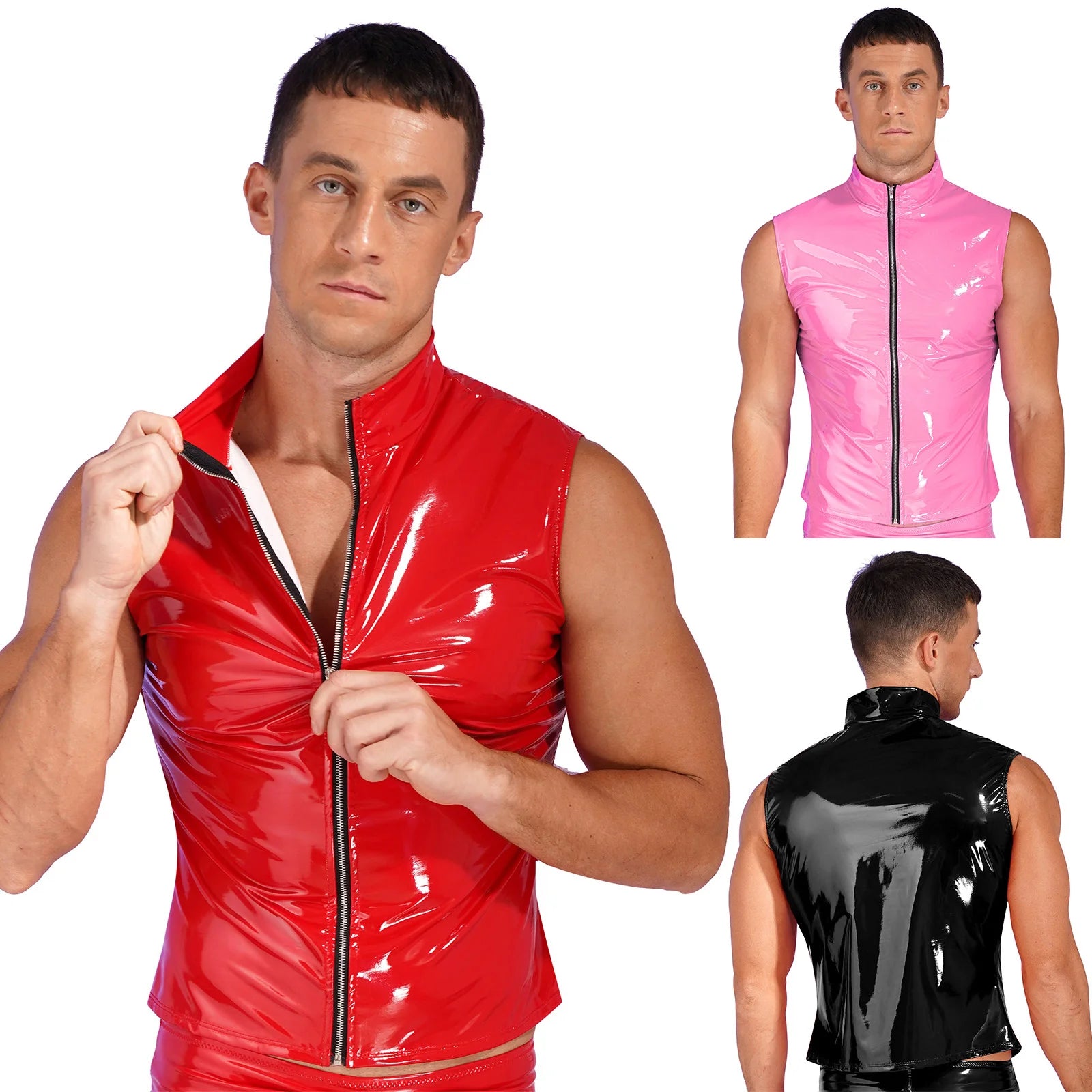 Men Wet Look Patent Leather Jacket Vest Tops Sleeveless Stand Collar Zipper Punk Tank Top Nightclub Festival Rave Party Clubwear - Cosmic Twink