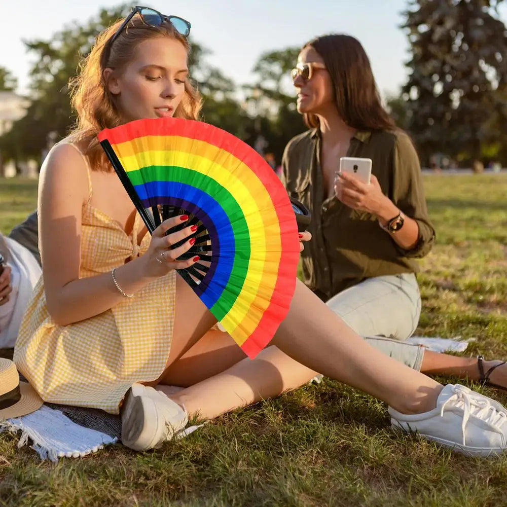 Large Folding Hand Fan Bling Bling Hand Rave Fan Rainbow Print Bamboo Oxford Cloth Pride Festival Handheld Fan For Party Gift - Cosmic Twink