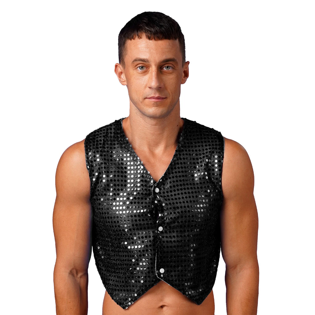 Mens Shiny Sequined Vest Tops V Neck Disco Irregular Hem Waistcoat Hiphop Jazz Dance Festival Rave Outfits Performance Costume - Cosmic Twink