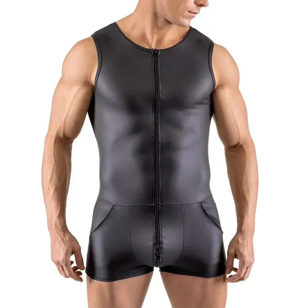 Men Sexy Wet Look Patent Leather Sleeveless Bodysuit Zip Jumpsuit Clubwear Costume Nightclub Gay Man Underwear