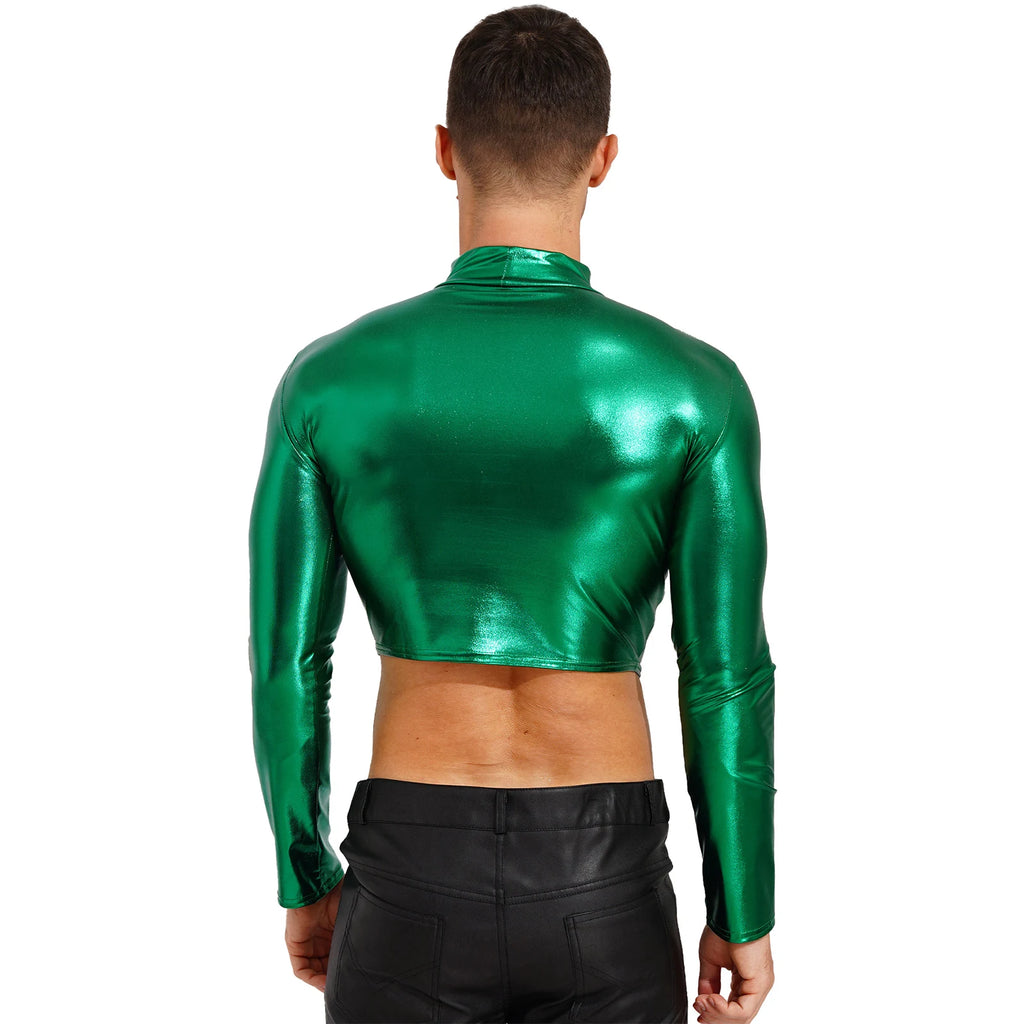 Men's Clothing Wet Look Faux Leather Vest Pole Dance Costume Metallic Mock Neck Crop Tank Top Gothic Punk Rave Party Clubwear - Cosmic Twink
