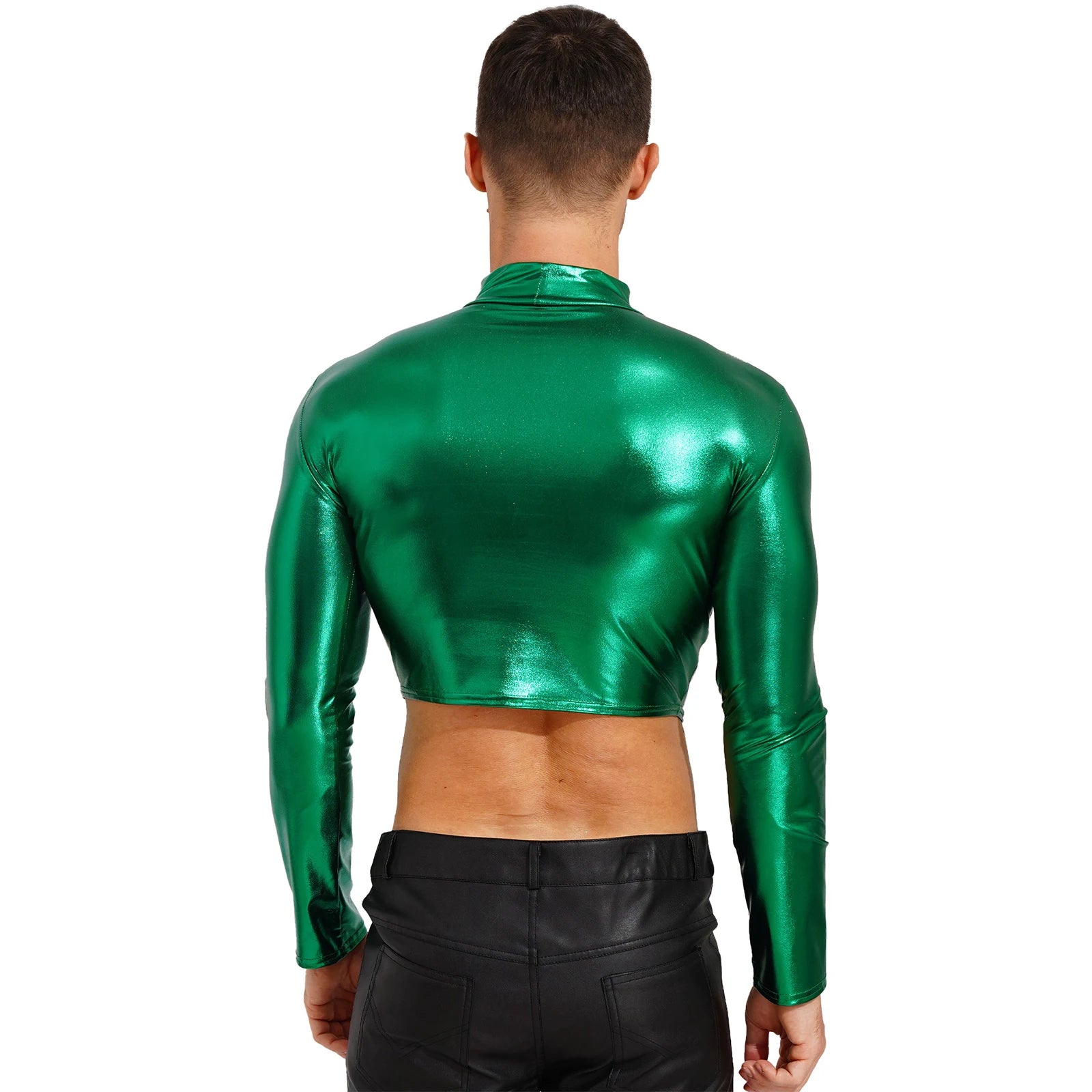 Men's Clothing Wet Look Faux Leather Vest Pole Dance Costume Metallic Mock Neck Crop Tank Top Gothic Punk Rave Party Clubwear - Cosmic Twink