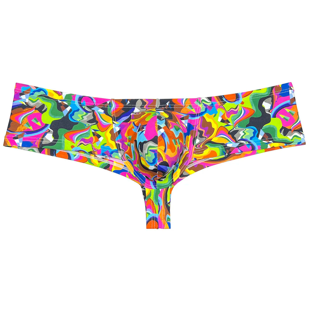 Sexy Mens Print Swim Thongs Ultrathin Quick-dry Swimwear Low-rise Bikini-Style Back Briefs Underwear Elastic Boxer Shorts Beach - Cosmic Twink