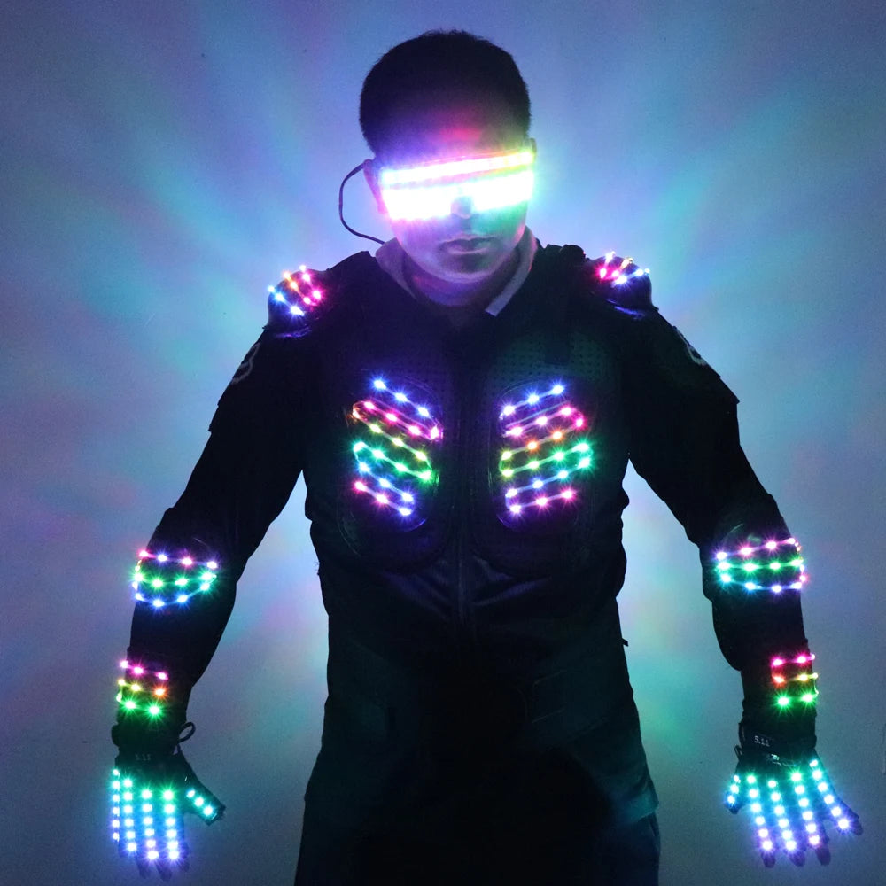 RGB Colorful Light Armor Outfits Glowing Clothe Show Dress Bar DJ MC Performance Robot men suit led costumes ballroom wears - Cosmic Twink