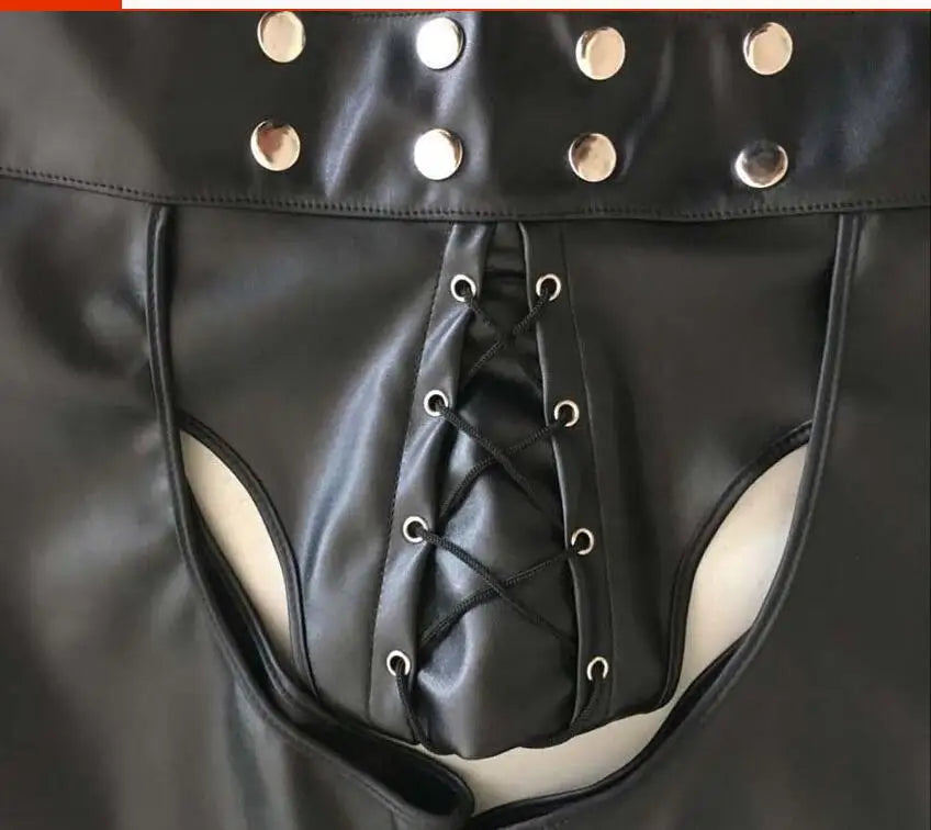 2022 Sexy Lingerie Gay Men Faux Leather Lace Up Pants New Hot Black Mens Latex PVC Bondage Open Cortch Shorts Gothic Fetish - Cosmic Twink