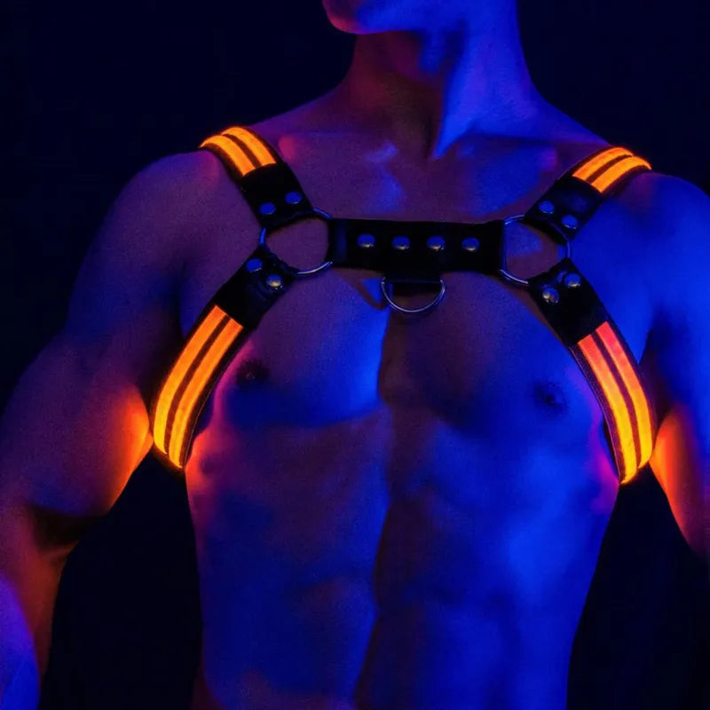 Rave outfit for Mens Led Harness Men Shoulder Belt Sexual Body Chest Dimming Light Stage Flashing Rechargeable Color Chest - Cosmic Twink