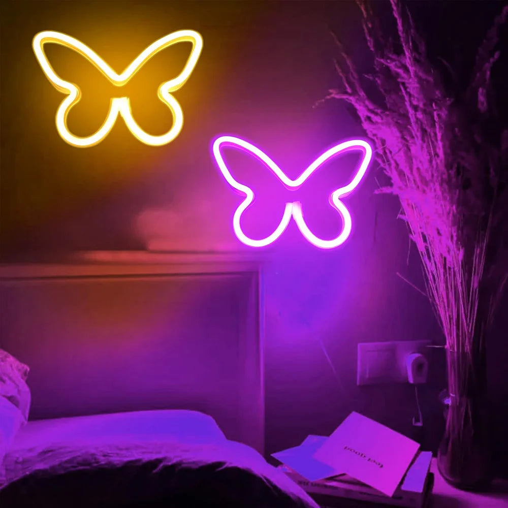 Butterfly Neon Sign USB/Battery Powered Cat LED Neon Light Skull Neon Lamp Wall Art Decor for Home Bedroom Birthday Gift Wedding - Cosmic Twink