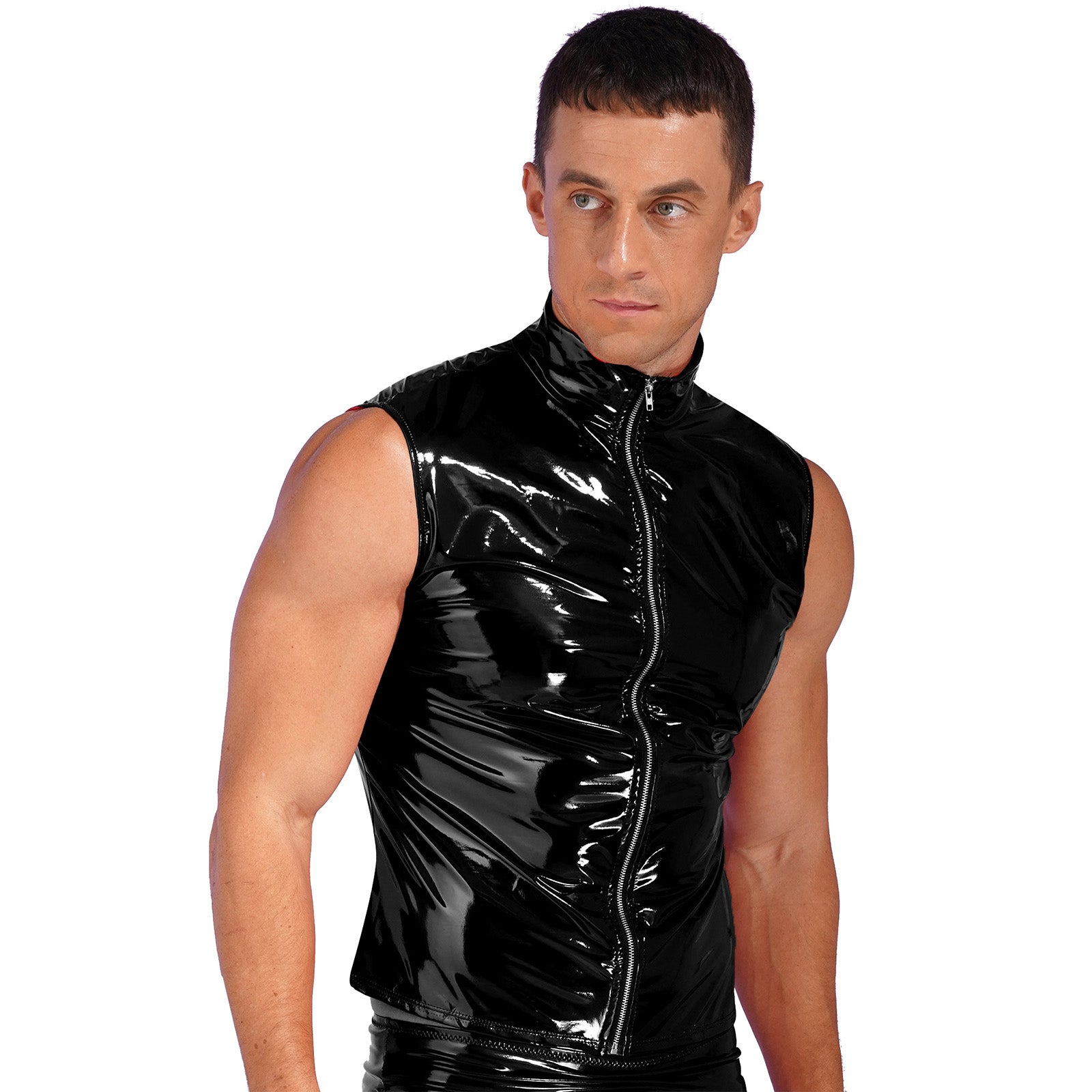 Men Wet Look Patent Leather Jacket Vest Tops Sleeveless Stand Collar Zipper Punk Tank Top Nightclub Festival Rave Party Clubwear - Cosmic Twink