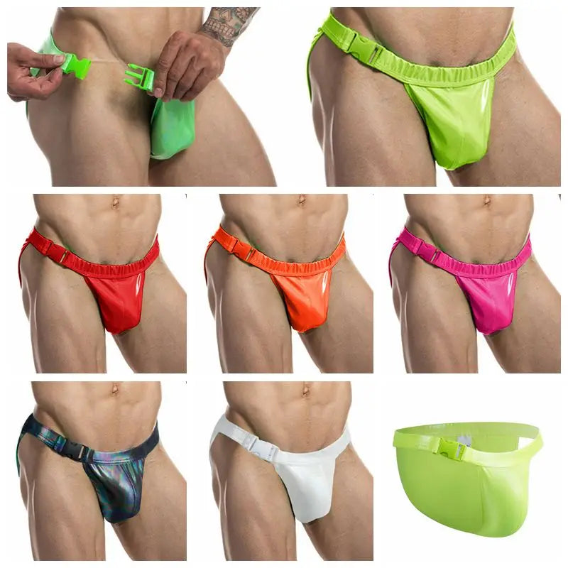 Jockmail  Men Underwear Sexy Male Swimming Briefs Underwear Pu Leather Men Swimwear Gay Swimsuit Male Swimming Trunks Swim Tanga - Cosmic Twink
