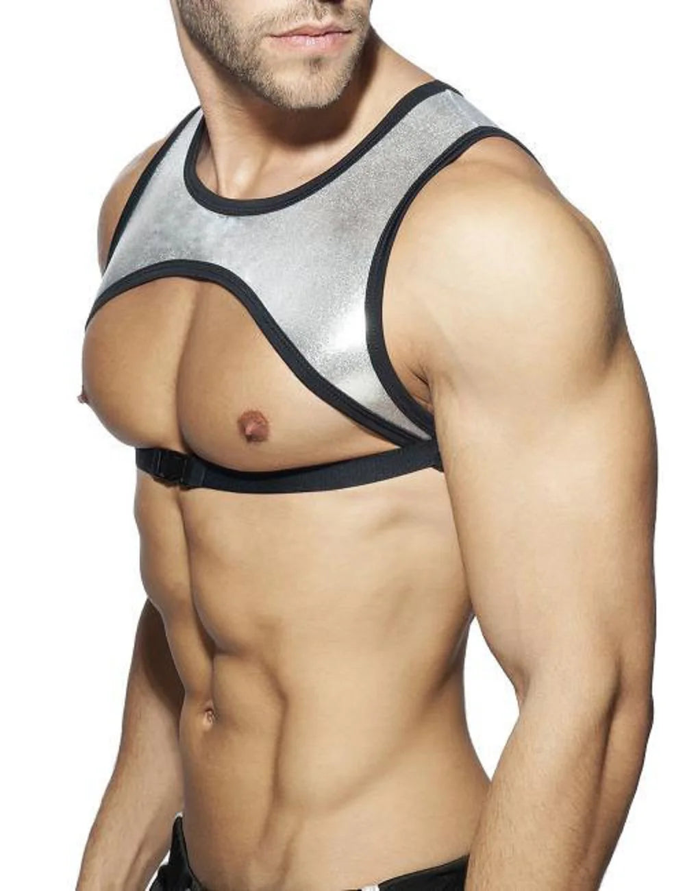 Harness Men Strap Costume Sexy Shoulder Bondage Chest Lingerie Metal Shaper Gay Men Underwear Neoprene & Metallic Leather Top - Cosmic Twink