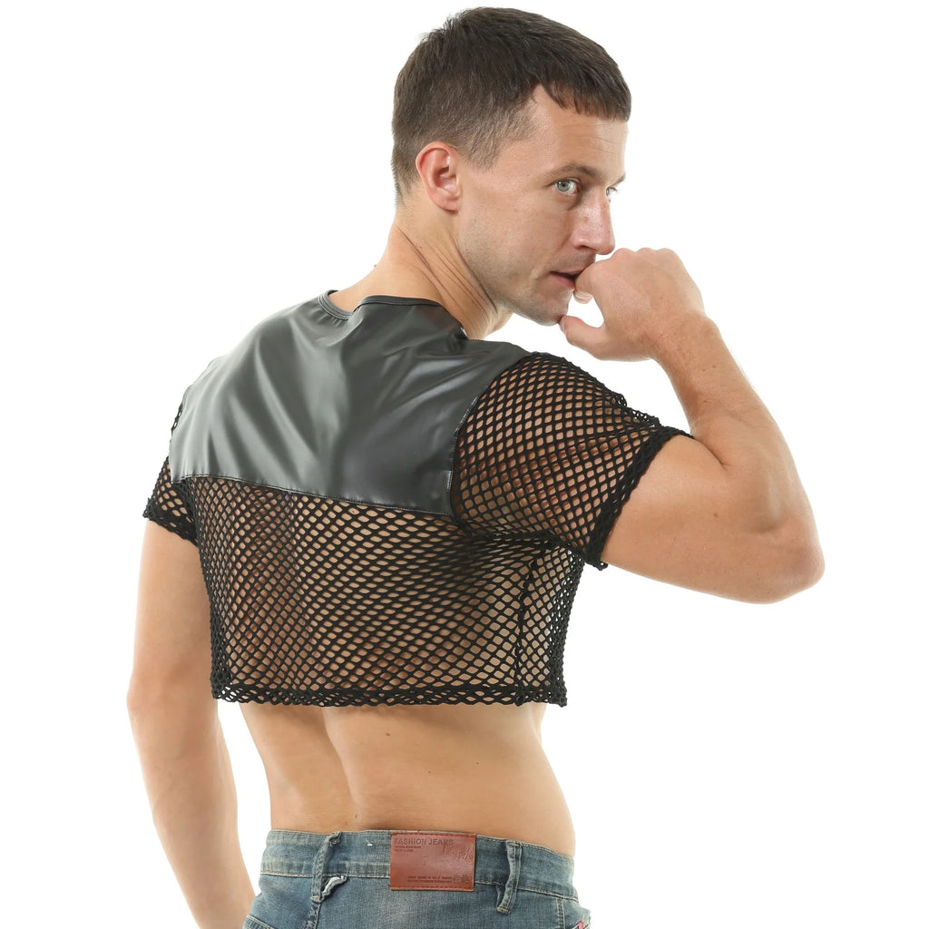 Mens Sexy Crop Tops PU Leather Mesh Lingerie Mini Vest Tanks Short Sleeve Muscle Clubwear Erotic Costume O-Neck - Cosmic Twink