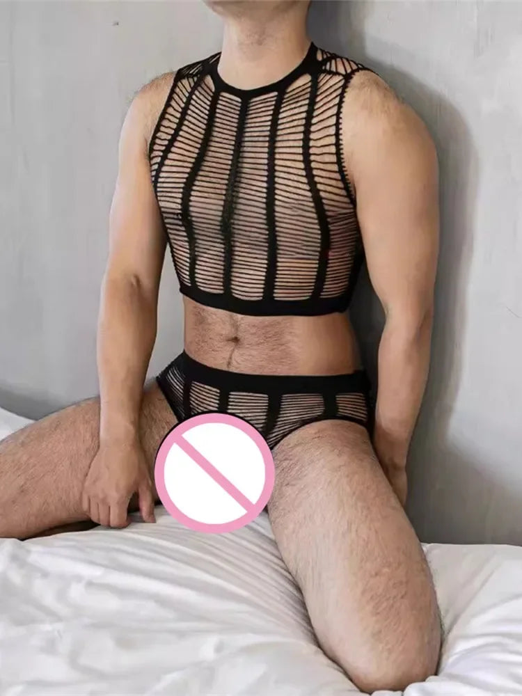 Adult Gay Couple Sex Clothing Elastic Underwear Set Fishnet Transparent Body Suits Sensual Sissy Jumpsuit Erotic Babydoll Tight