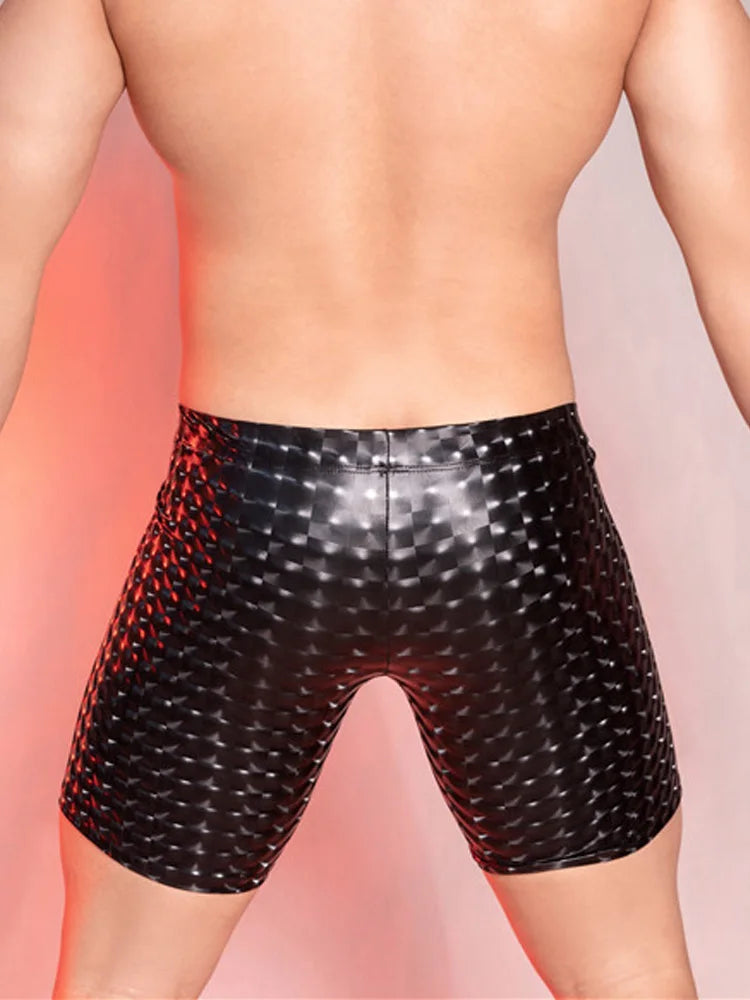 Sexy Men PU Faux Leather Leopard Print Short Pants U Bulge Pouch Pants Shorts Gym Boxer Wetlook Gay Wear Erotic Club Wear - Cosmic Twink
