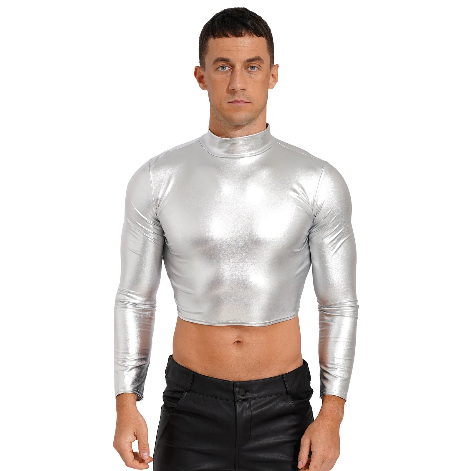 Men's Clothing Wet Look Faux Leather Vest Pole Dance Costume Metallic Mock Neck Crop Tank Top Gothic Punk Rave Party Clubwear - Cosmic Twink