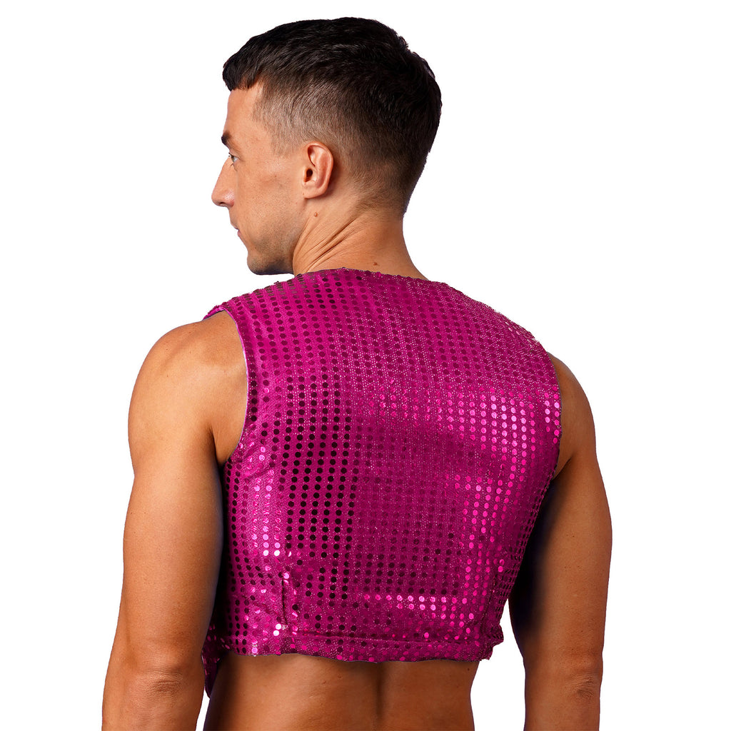 Mens Shiny Sequined Vest Tops V Neck Disco Irregular Hem Waistcoat Hiphop Jazz Dance Festival Rave Outfits Performance Costume - Cosmic Twink