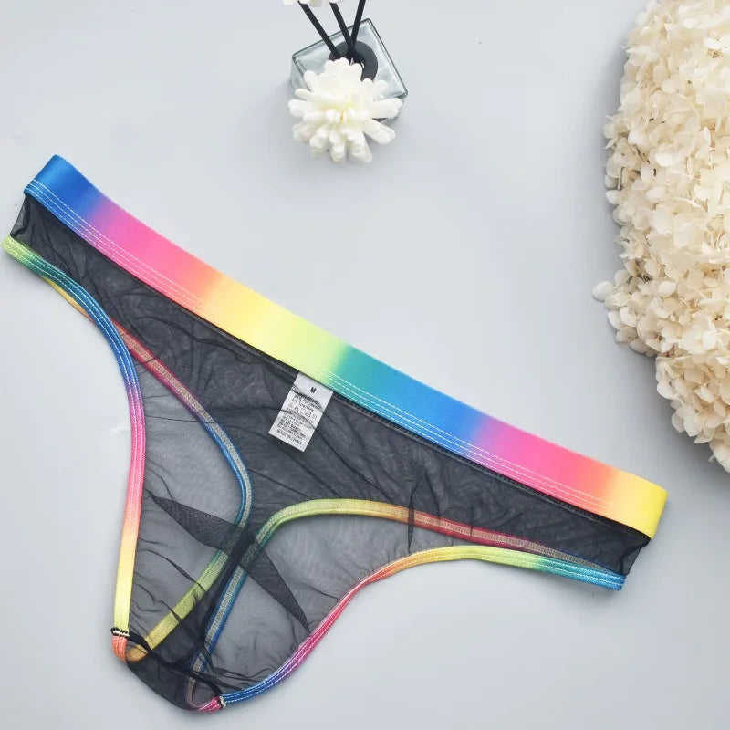 Men's Transparent Mesh G-String T-Back Thong  Rainbow Low Rise Underwear Gay Sexy Breathable Sheer Underpant Naughty Lingerie - Cosmic Twink