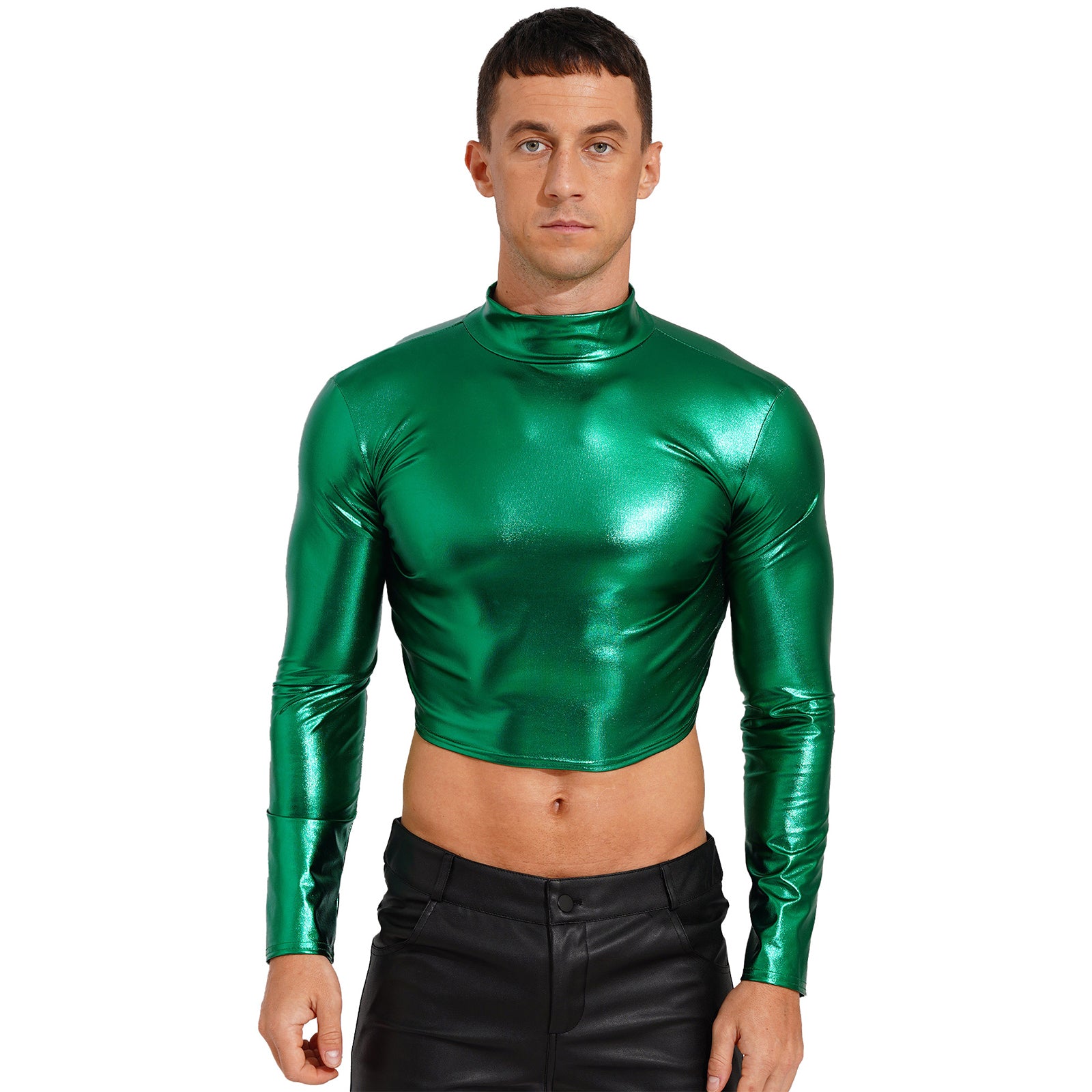 Men's Clothing Wet Look Faux Leather Vest Pole Dance Costume Metallic Mock Neck Crop Tank Top Gothic Punk Rave Party Clubwear - Cosmic Twink