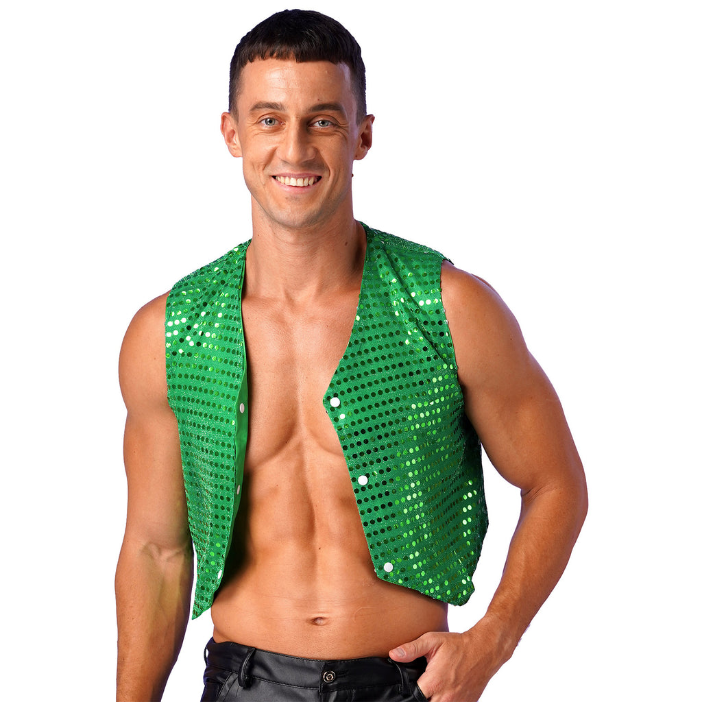 Mens Shiny Sequined Vest Tops V Neck Disco Irregular Hem Waistcoat Hiphop Jazz Dance Festival Rave Outfits Performance Costume - Cosmic Twink