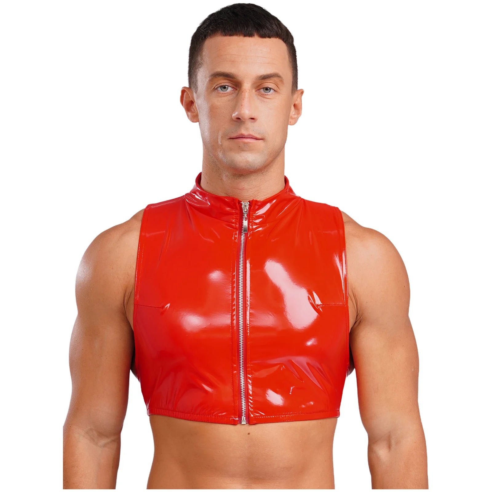 Men Wet Look Patent Leather Crop Tops Vest Sleeveless Zipper Tanks Top Camisole Nightclub Rave Party Dancing Clubwear Streetwear - Cosmic Twink