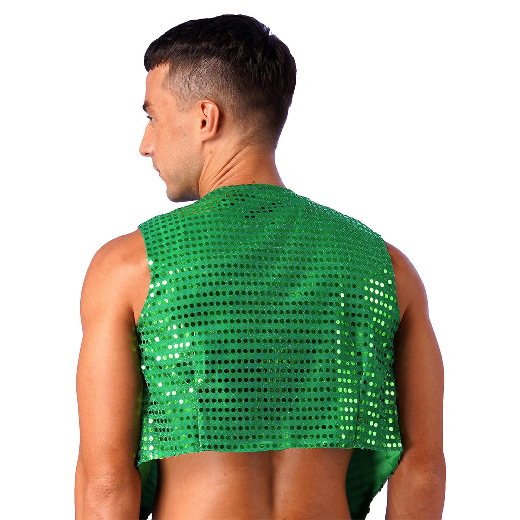 Mens Shiny Sequined Vest Tops V Neck Disco Irregular Hem Waistcoat Hiphop Jazz Dance Festival Rave Outfits Performance Costume - Cosmic Twink