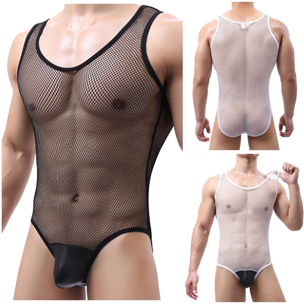 Sexy Mens Undershirts Gay Sissy Lingerie Mesh Sheer Bodysuit Wrestling Singlet Leotard Jumpsuit One-Piece Pajama Sheer Underwear - Cosmic Twink