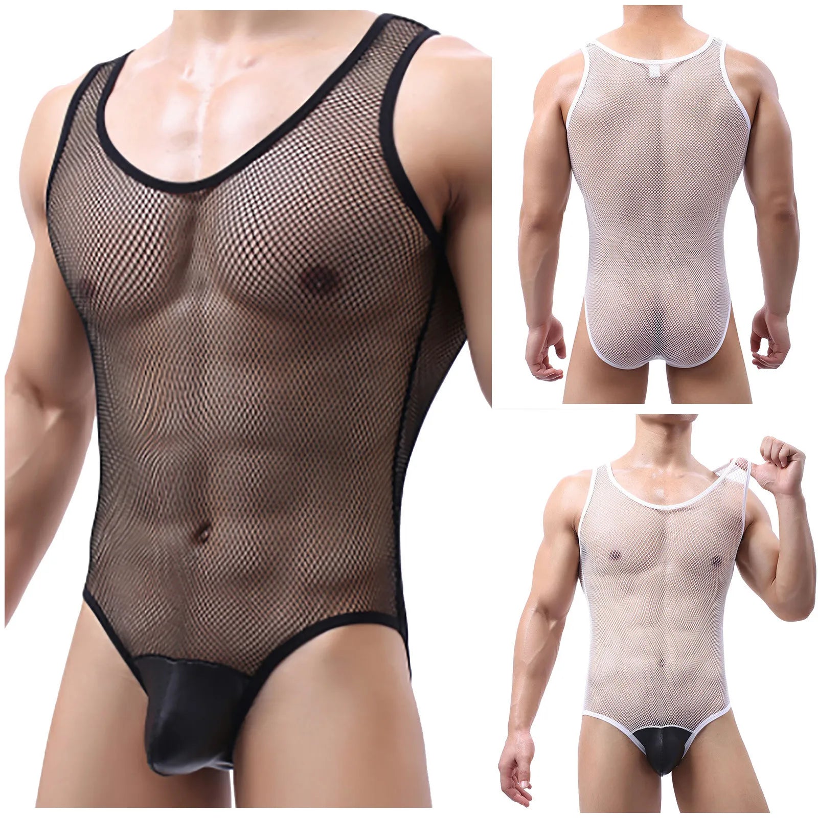 Sexy Mens Undershirts Gay Sissy Lingerie Mesh Sheer Bodysuit Wrestling Singlet Leotard Jumpsuit One-Piece Pajama Sheer Underwear - Cosmic Twink