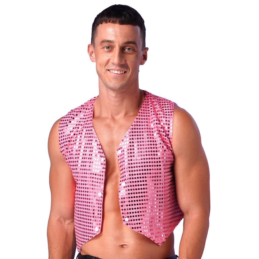 Mens Shiny Sequined Vest Tops V Neck Disco Irregular Hem Waistcoat Hiphop Jazz Dance Festival Rave Outfits Performance Costume - Cosmic Twink
