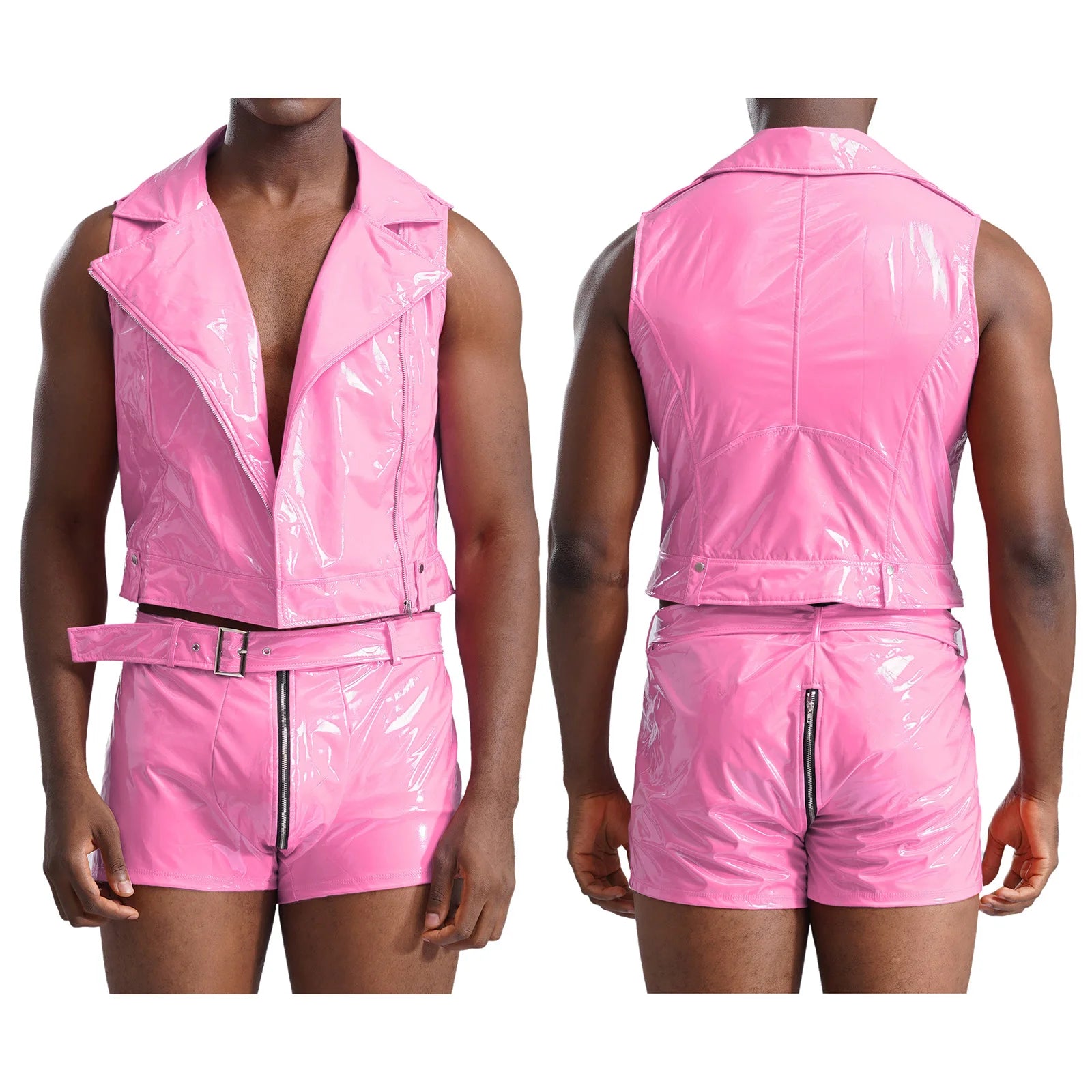 Men Pole Dancing Performance Outfit Wet Look Patent Leather Zipper Tank Top with Boxer Shorts Belt Rave Party Nightclub Clubwear - Cosmic Twink