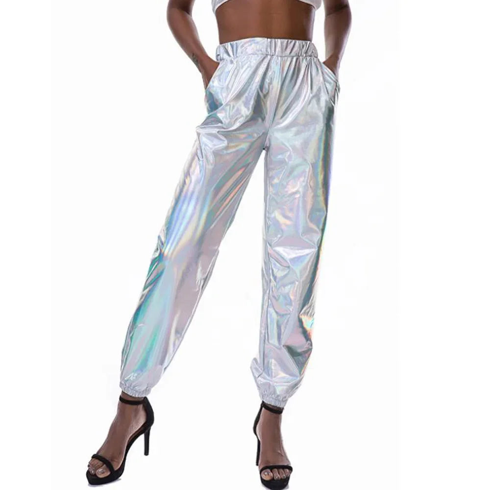 Women Shiny Rave Pants Loose Holographic Clothes Silver Pants Dance Wetlook Hip Hop Punk Pants Sweatpants Streetwear Joggers - Cosmic Twink