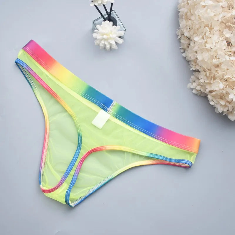 Men's Transparent Mesh G-String T-Back Thong  Rainbow Low Rise Underwear Gay Sexy Breathable Sheer Underpant Naughty Lingerie - Cosmic Twink