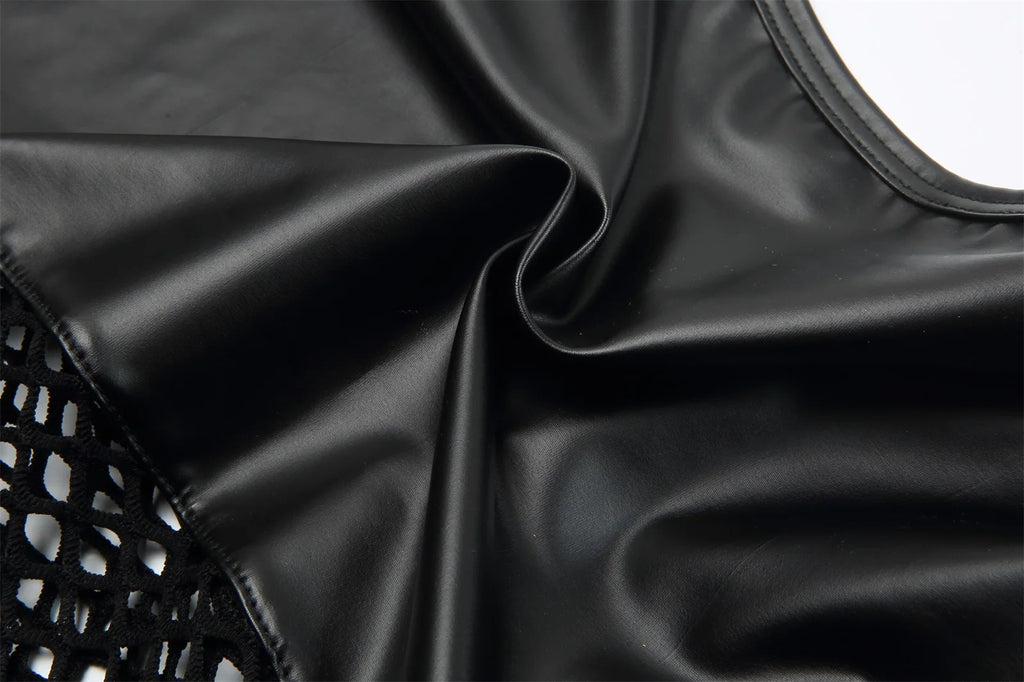 Mens Sexy Crop Tops PU Leather Mesh Lingerie Mini Vest Tanks Short Sleeve Muscle Clubwear Erotic Costume O-Neck - Cosmic Twink