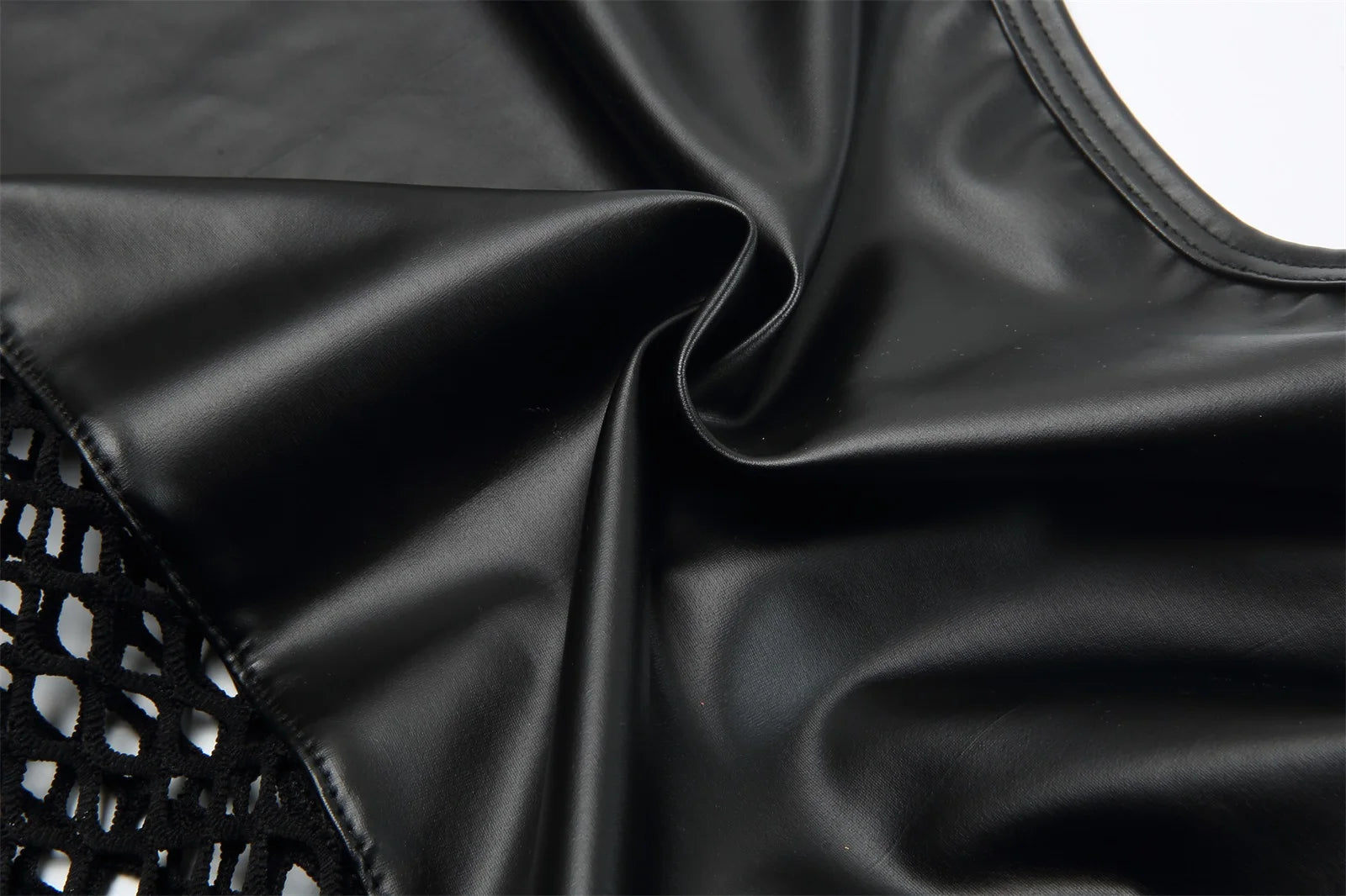 Mens Sexy Crop Tops PU Leather Mesh Lingerie Mini Vest Tanks Short Sleeve Muscle Clubwear Erotic Costume O-Neck - Cosmic Twink