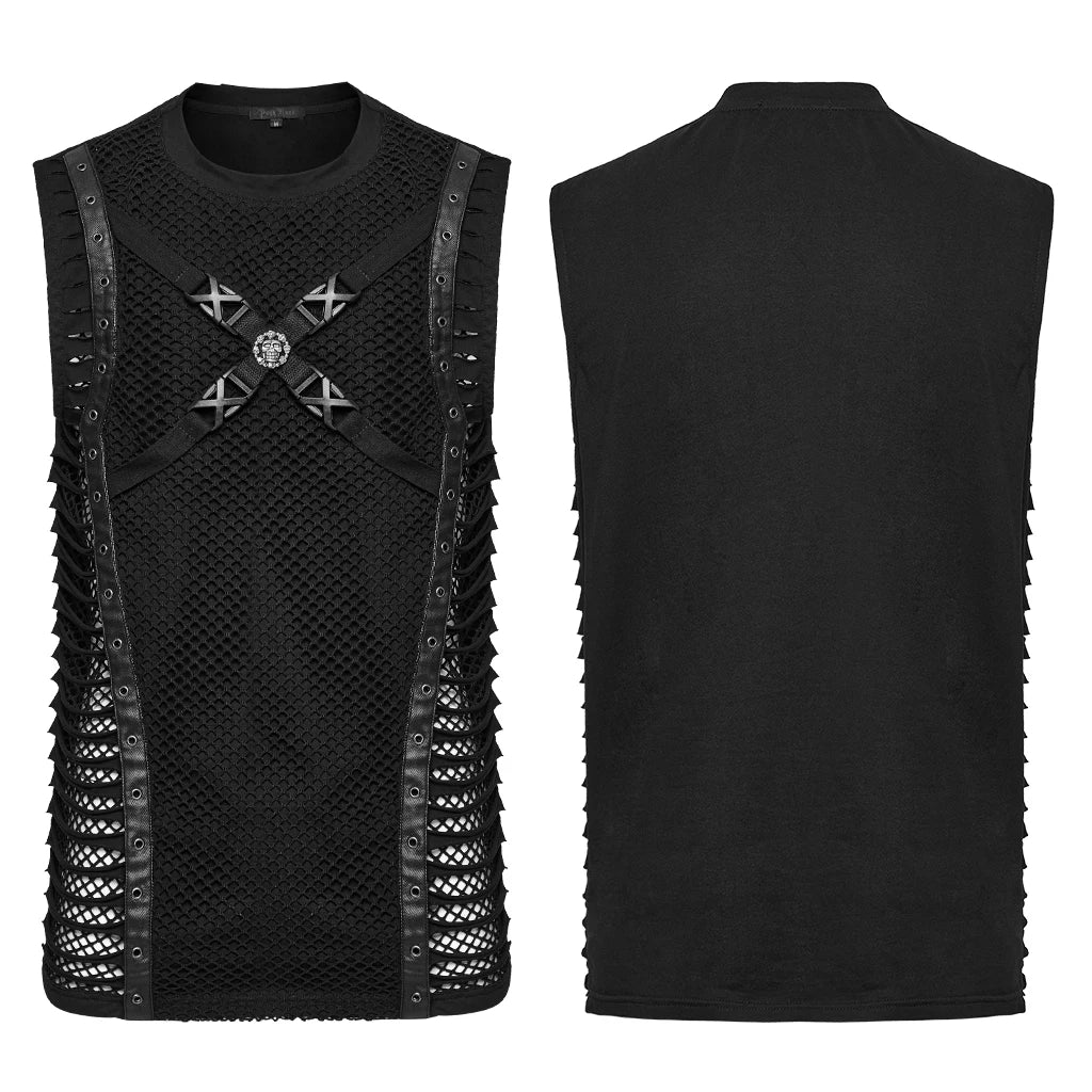 PUNK RAVE Men's Punk Cut Features Mesh Vest Novel Style Personality Cool Handsome Dark Tops Tees Men Clothing - Cosmic Twink